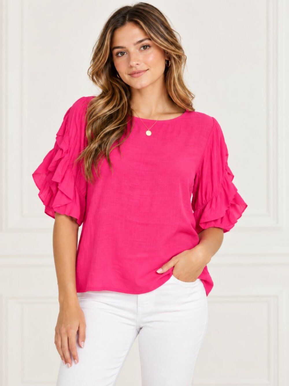 Doe & Rae Pink Ruffle Sleeve Blouse Medium Textured Boho Top Size Medium